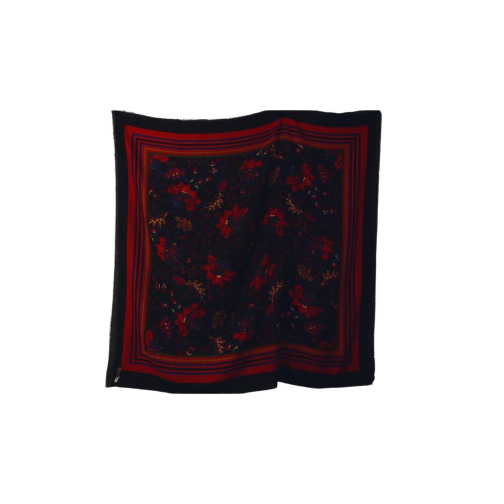 Vintage Black Red Floral Wool Blend Scarf Large Square Fringe Shawl Wrap 58"